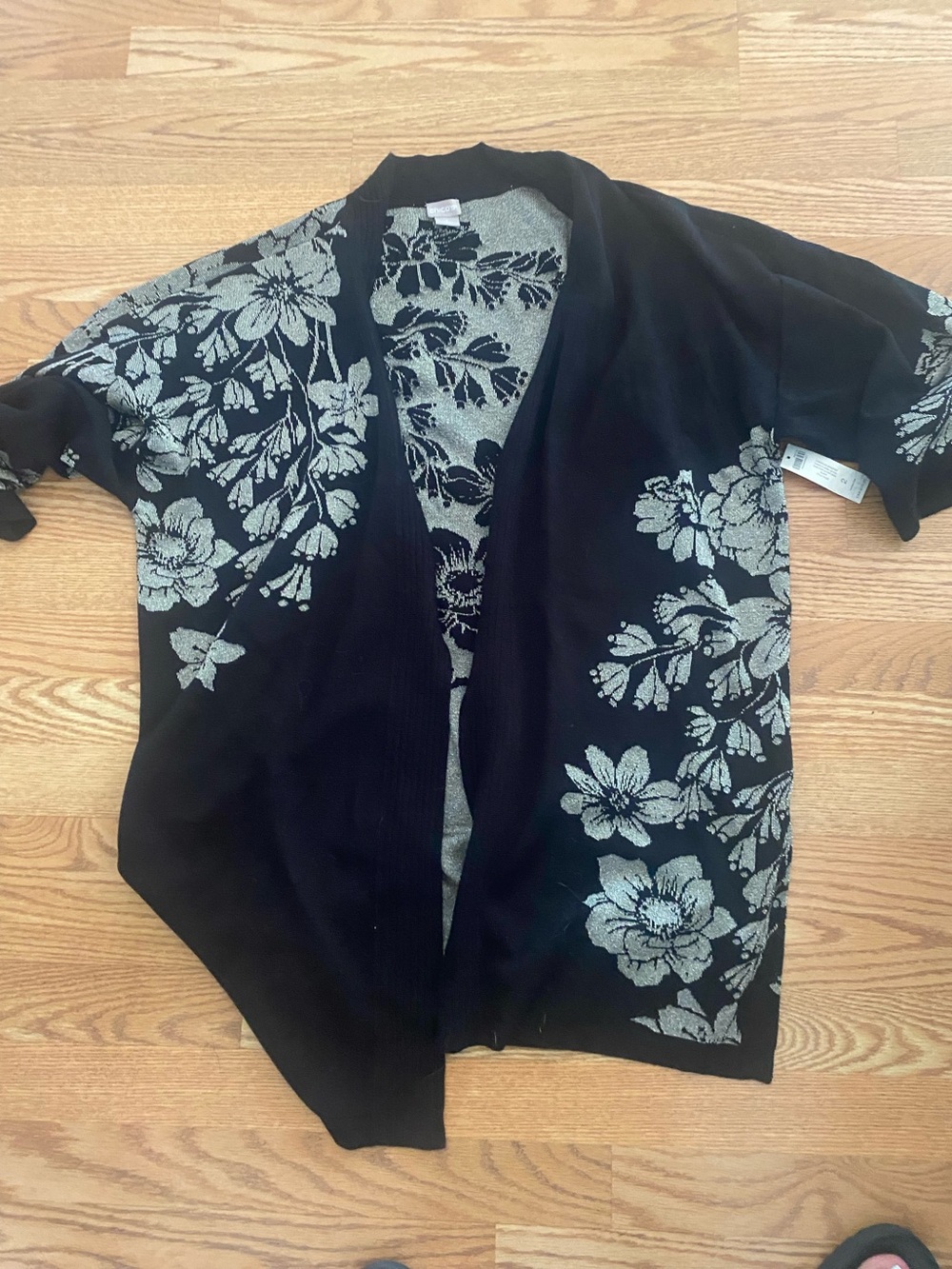Chico's Black Cardigan with Silver Lurex Floral Detail